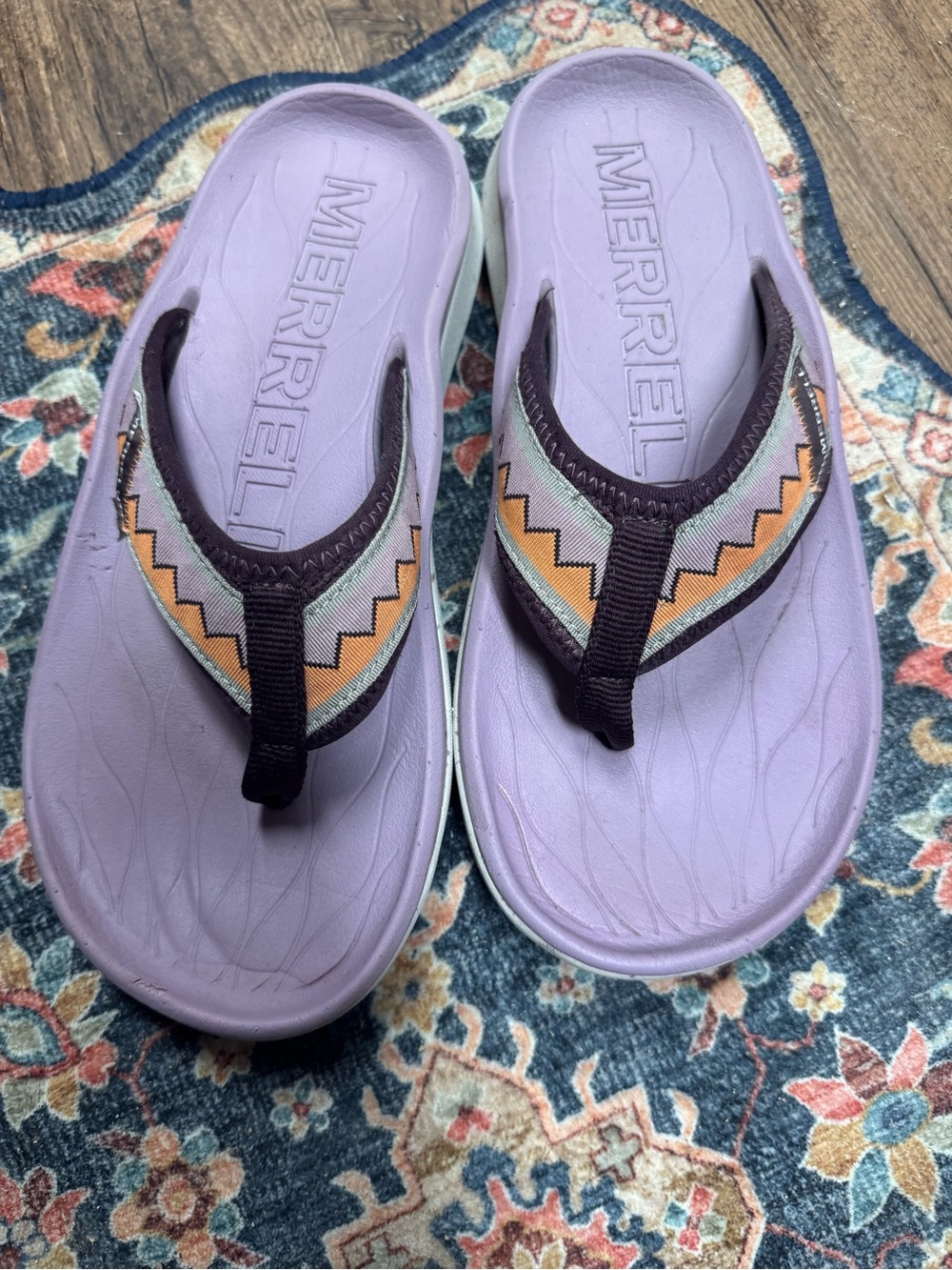 Merrell Lavender and Brown Chevron-Trim Flip Flops
